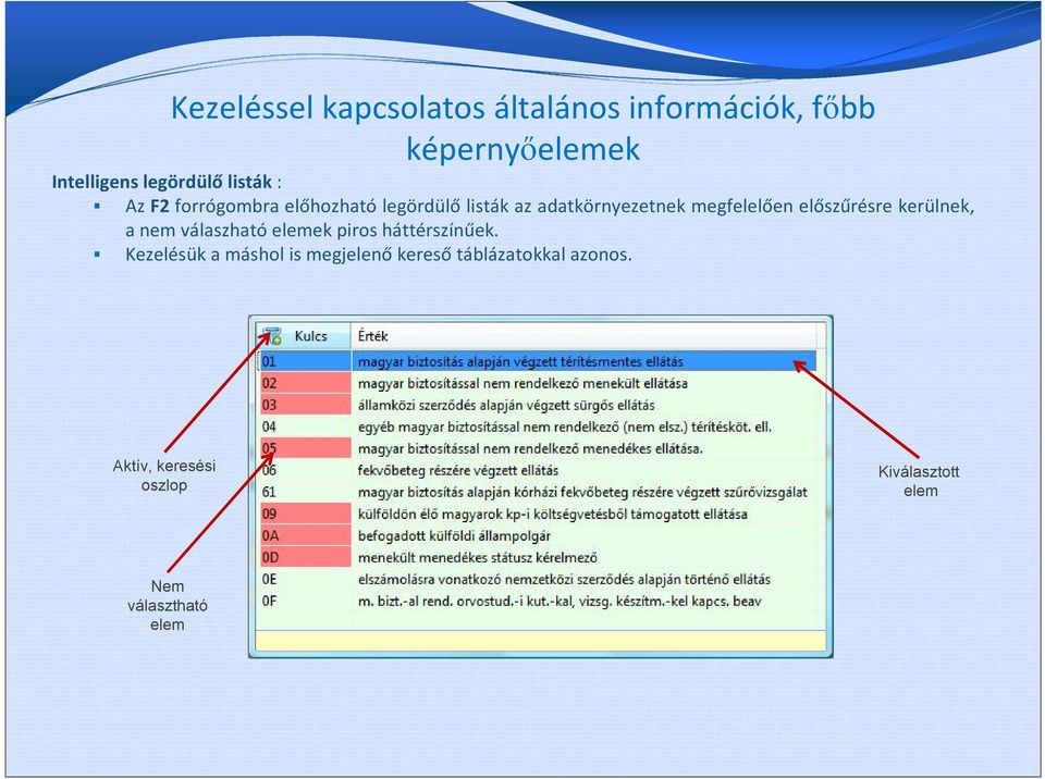 előszűrésre kerülnek, a nem válaszható elemek piros háttérszínűek.