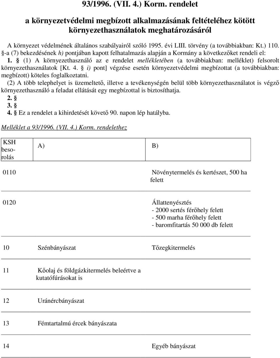 (1) A környezethasználó az e rendelet mellékletében (a továbbiakban: melléklet) felsorolt környezethasználatok [Kt. 4.