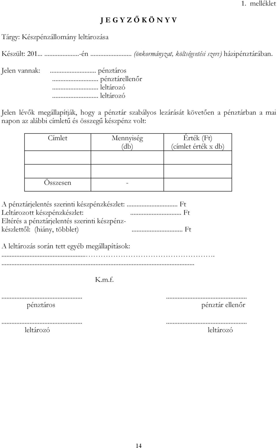 .. leltározó Jelen lévők megállapítják, hogy a pénztár szabályos lezárását követően a pénztárban a mai napon az alábbi címletű és összegű készpénz volt: Címlet Mennyiség (db)