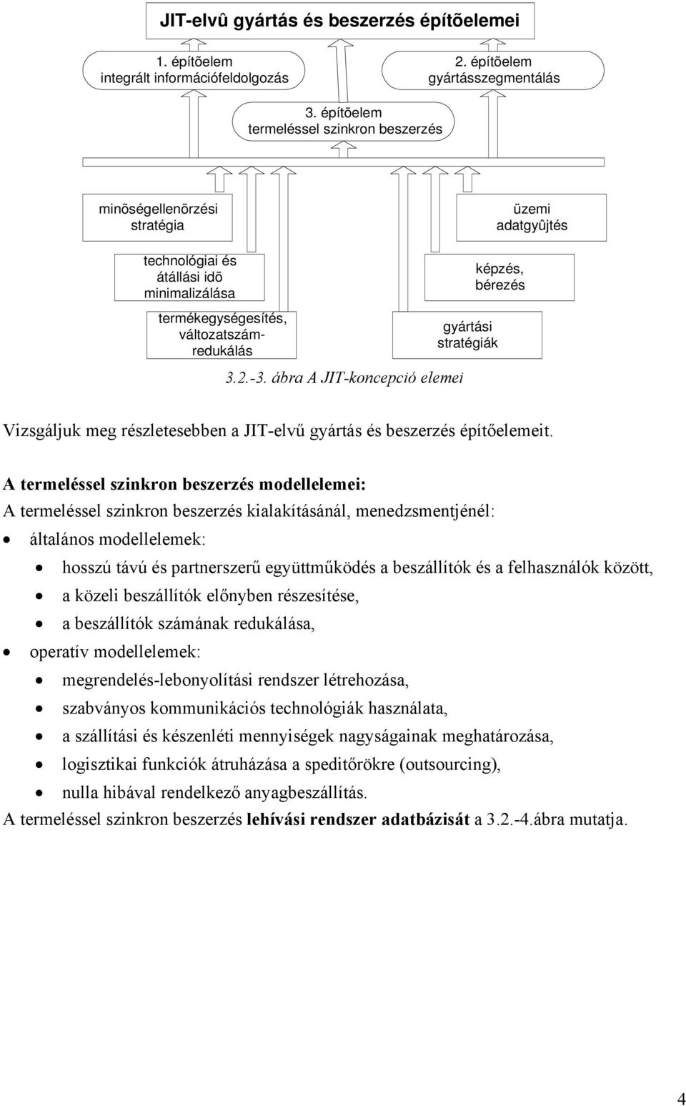 adatgyûjtés 3.2.-3. ábra A JIT-koncepció elemei Vizsgáljuk meg részletesebben a JIT-elvű gyártás és beszerzés építőelemeit.