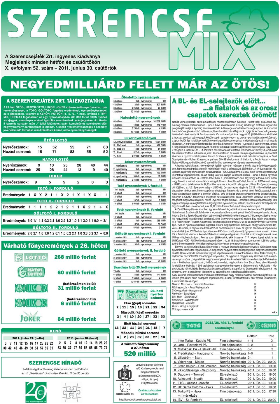 heti ÖTÖS-, HATOSLOTTÓ, LUXOR, JOKER számsorsolás nyerőszámai, nyereményösszegei, a TOTÓ, GÓLTOTÓ fogadás eredményei, nyereményösszegei, az e játékokban, valamint a KENÓN, PUTTÓN (4., 5., 6., 7.