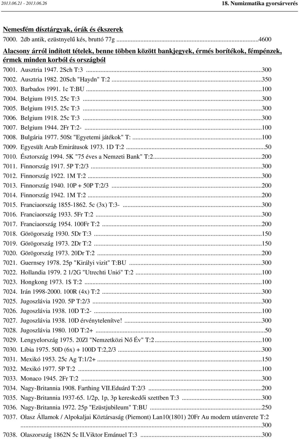 20Sch "Haydn" T:2...350 7003. Barbados 1991. 1c T:BU...100 7004. Belgium 1915. 25c T:3...300 7005. Belgium 1915. 25c T:3...300 7006. Belgium 1918. 25c T:3...300 7007. Belgium 1944. 2Fr T:2-...100 7008.