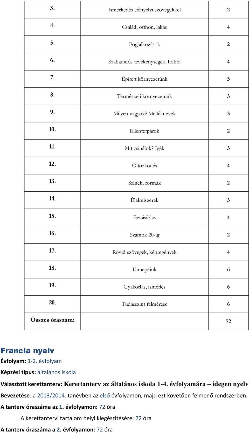 Ünnepeink 6 19. Gyakorlás, ismétlés 6 20. Tudásszint felmérése 6 Összes óraszám: 72 Francia nyelv Évfolyam: 1-2. évfolyam Választott kerettanterv: Kerettanterv az általános iskola 1-4.