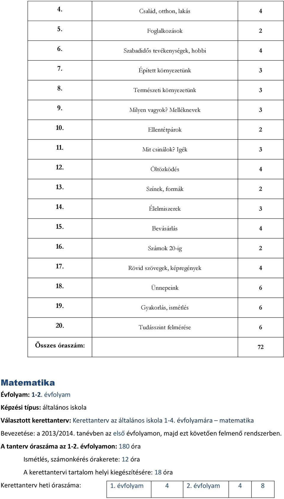 Tudásszint felmérése 6 Összes óraszám: 72 Matematika Évfolyam: 1-2. évfolyam Választott kerettanterv: Kerettanterv az általános iskola 1-4. évfolyamára matematika Bevezetése: a 2013/2014.