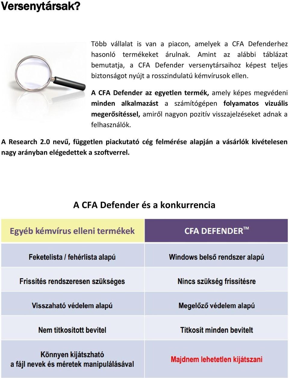 A CFA Defender az egyetlen termék, amely képes megvédeni minden alkalmazást a számítógépen folyamatos vizuális megerősítéssel, amiről nagyon