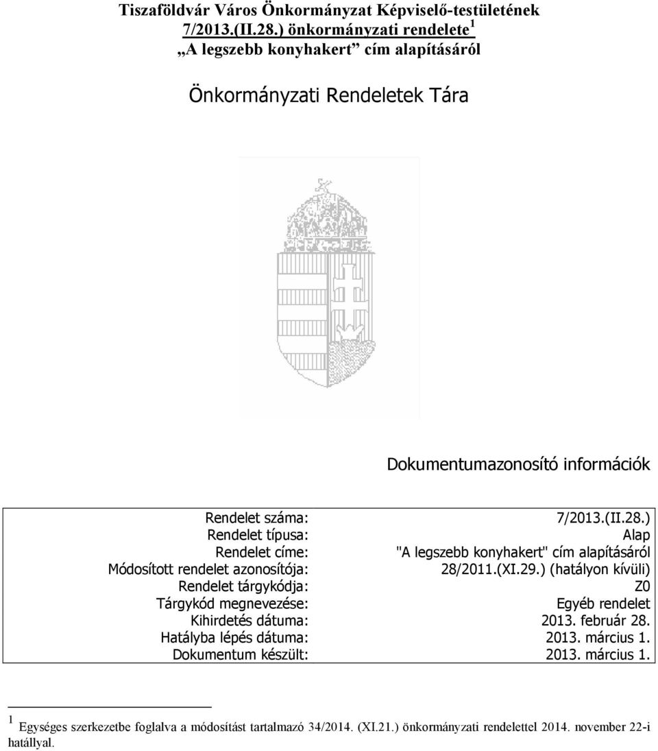 ) Rendelet típusa: Alap Rendelet címe: "A legszebb konyhakert" Módosított rendelet azonosítója: 28/2011.(XI.29.