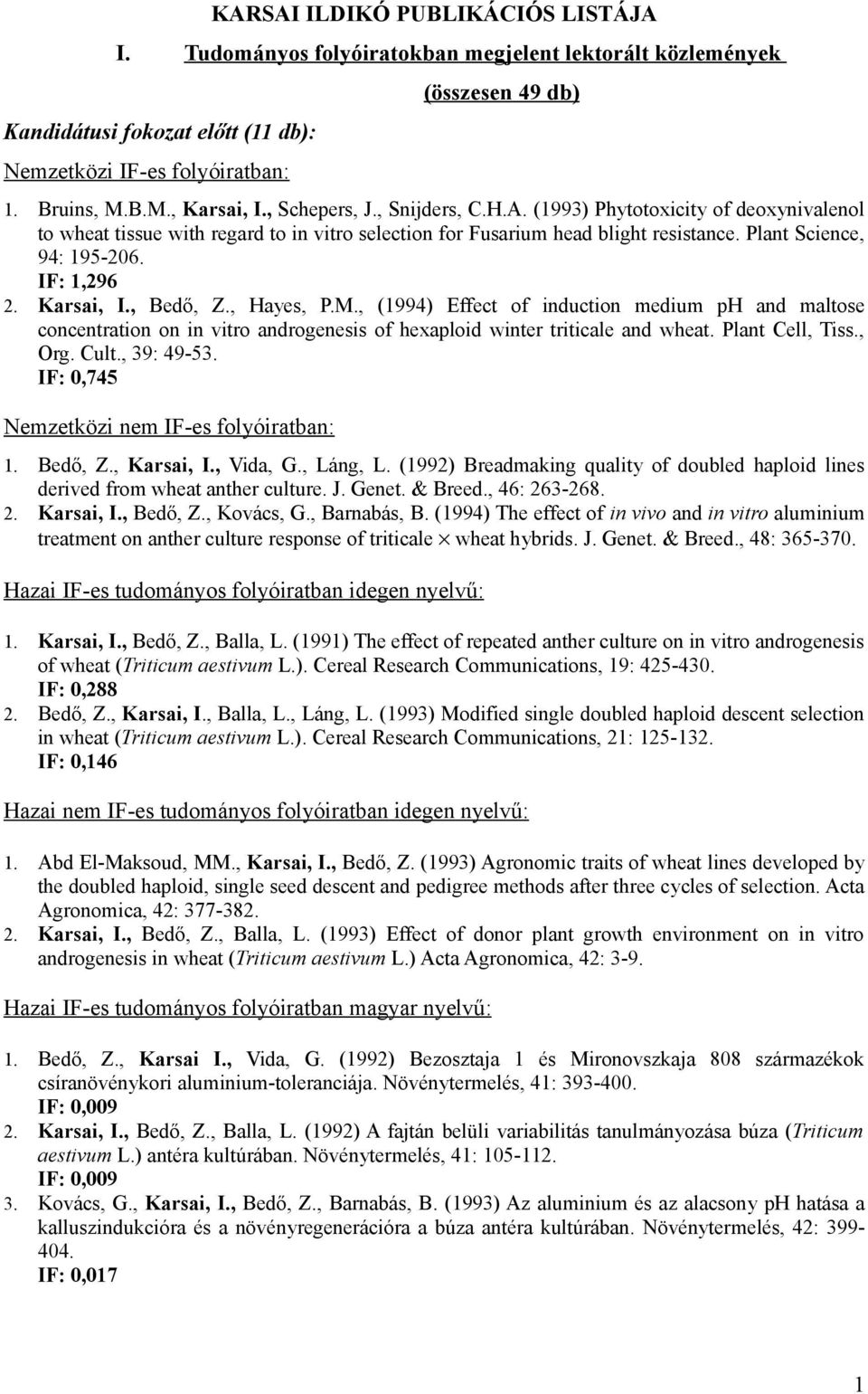 Plant Science, 94: 195-206. IF: 1,296 2. Karsai, I., Bedő, Z., Hayes, P.M.