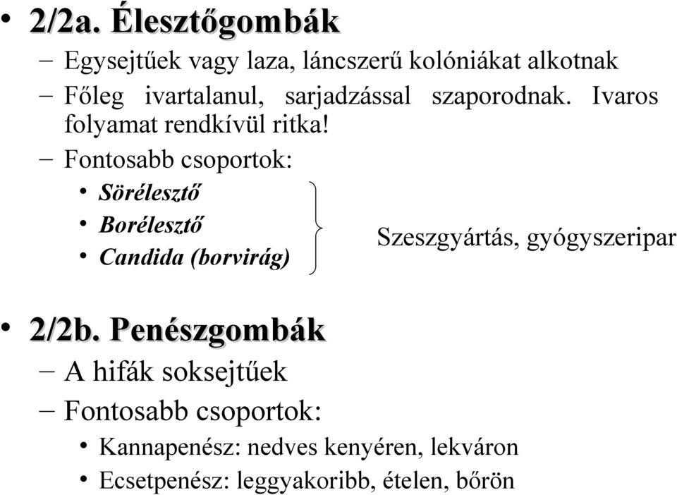 Fontosabb csoportok: Sörélesztő Borélesztő Candida (borvirág) Szeszgyártás, gyógyszeripar 2/2b.