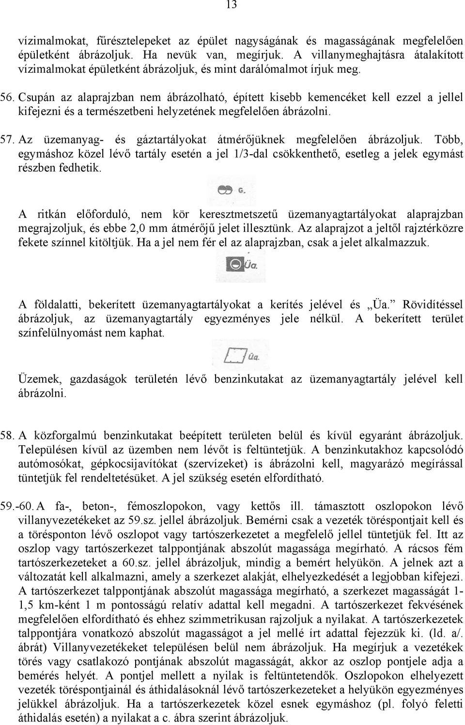 Csupán az alaprajzban nem ábrázolható, épített kisebb kemencéket kell ezzel a jellel kifejezni és a természetbeni helyzetének megfelelően ábrázolni. 57.