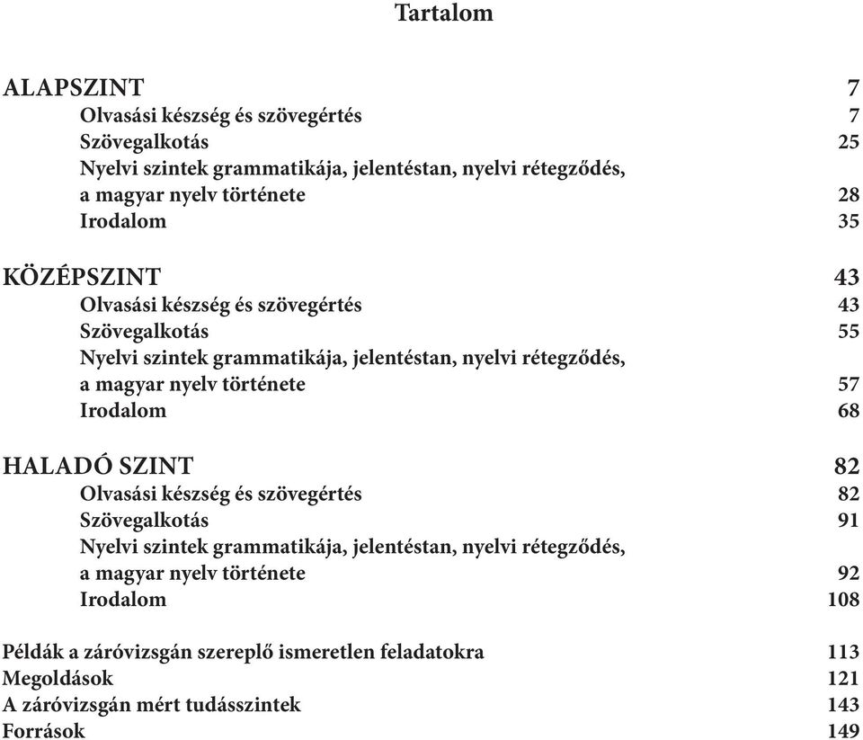 története 57 Irodalom 68 HALADÓ SZINT 82 Olvasási készség és szövegértés 82 Szövegalkotás 91 Nyelvi szintek grammatikája, jelentéstan, nyelvi rétegződés, a