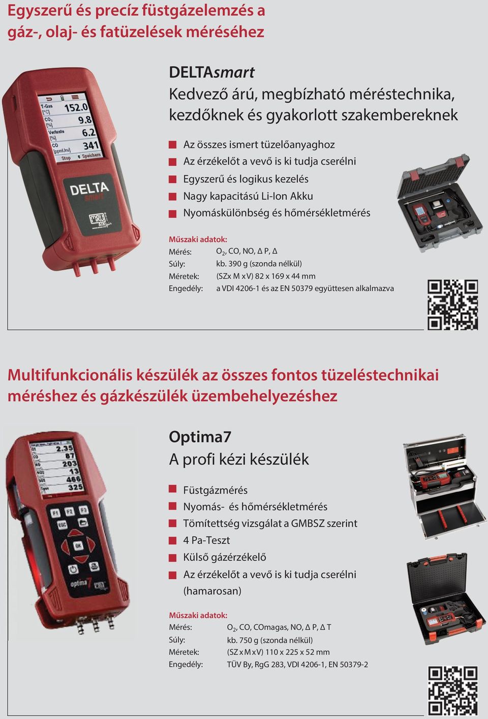390 g (szonda nélkül) Engedély: (SZx M x V) 82 x 169 x 44 mm a VDI 4206-1 és az EN 50379 együttesen alkalmazva Multifunkcionális készülék az összes fontos tüzeléstechnikai méréshez és gázkészülék