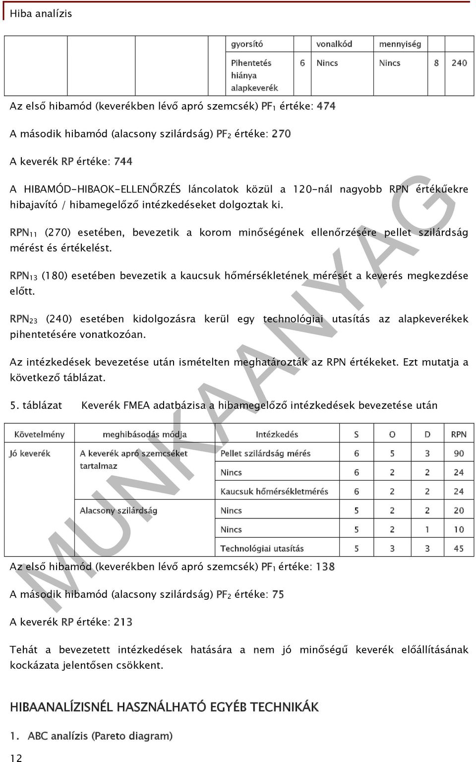 RPN 11 (270) esetében, bevezetik a korom minőségének ellenőrzésére pellet szilárdság mérést és értékelést. RPN 13 (180) esetében bevezetik a kaucsuk hőmérsékletének mérését a keverés megkezdése előtt.