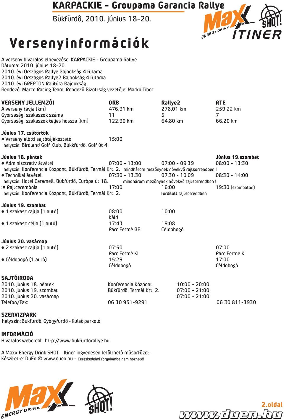 évi GREPTON Ralitúra Bajnokság Rendezô: Marco Racing Team, Rendezô Bizottság vezetôje: Markó Tibor VERSENY JELLEMZÔI ORB Rallye2 RTE A verseny távja (km) 476,91 km 278,01 km 259,22 km Gyorsasági