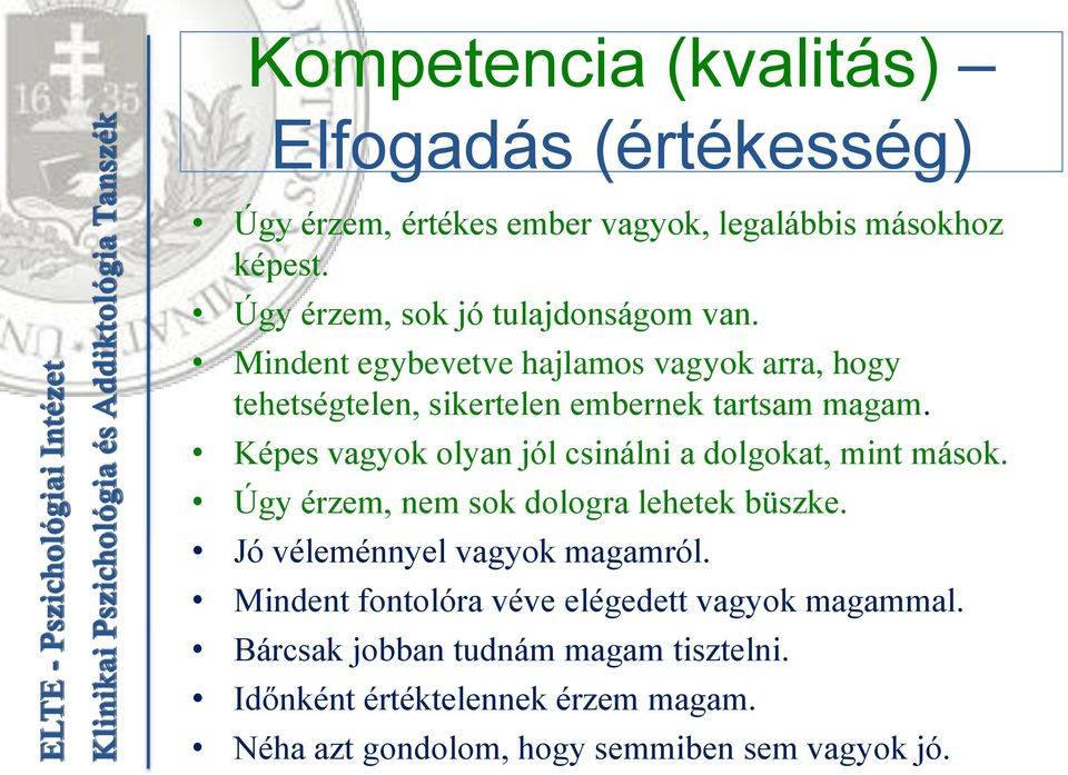 Képes vagyok olyan jól csinálni a dolgokat, mint mások. Úgy érzem, nem sok dologra lehetek büszke. Jó véleménnyel vagyok magamról.