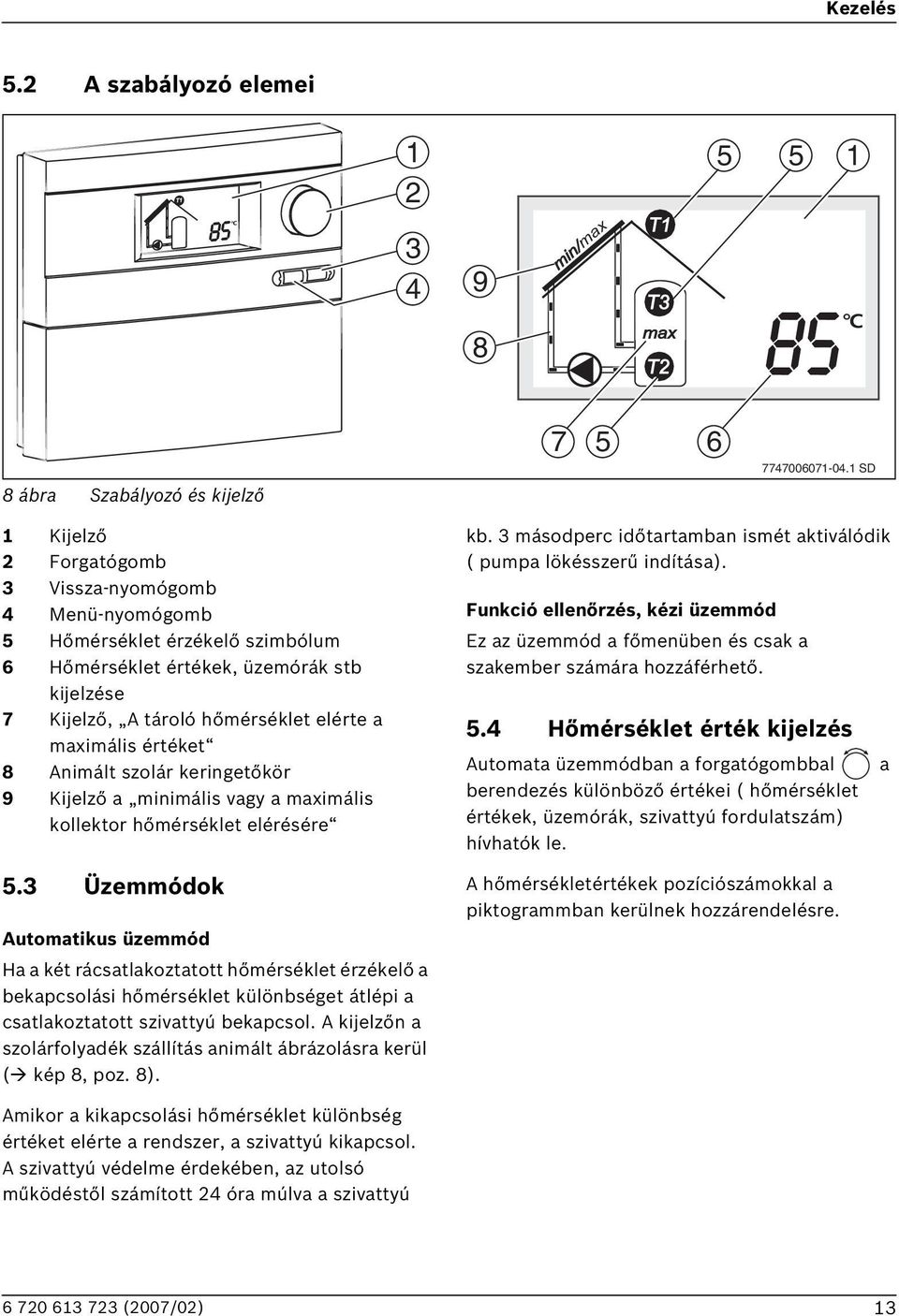 hőmérséklet elérte a maximális értéket 8 Animált szolár keringetőkör 9 Kijelző a minimális vagy a maximális kollektor hőmérséklet elérésére 5.