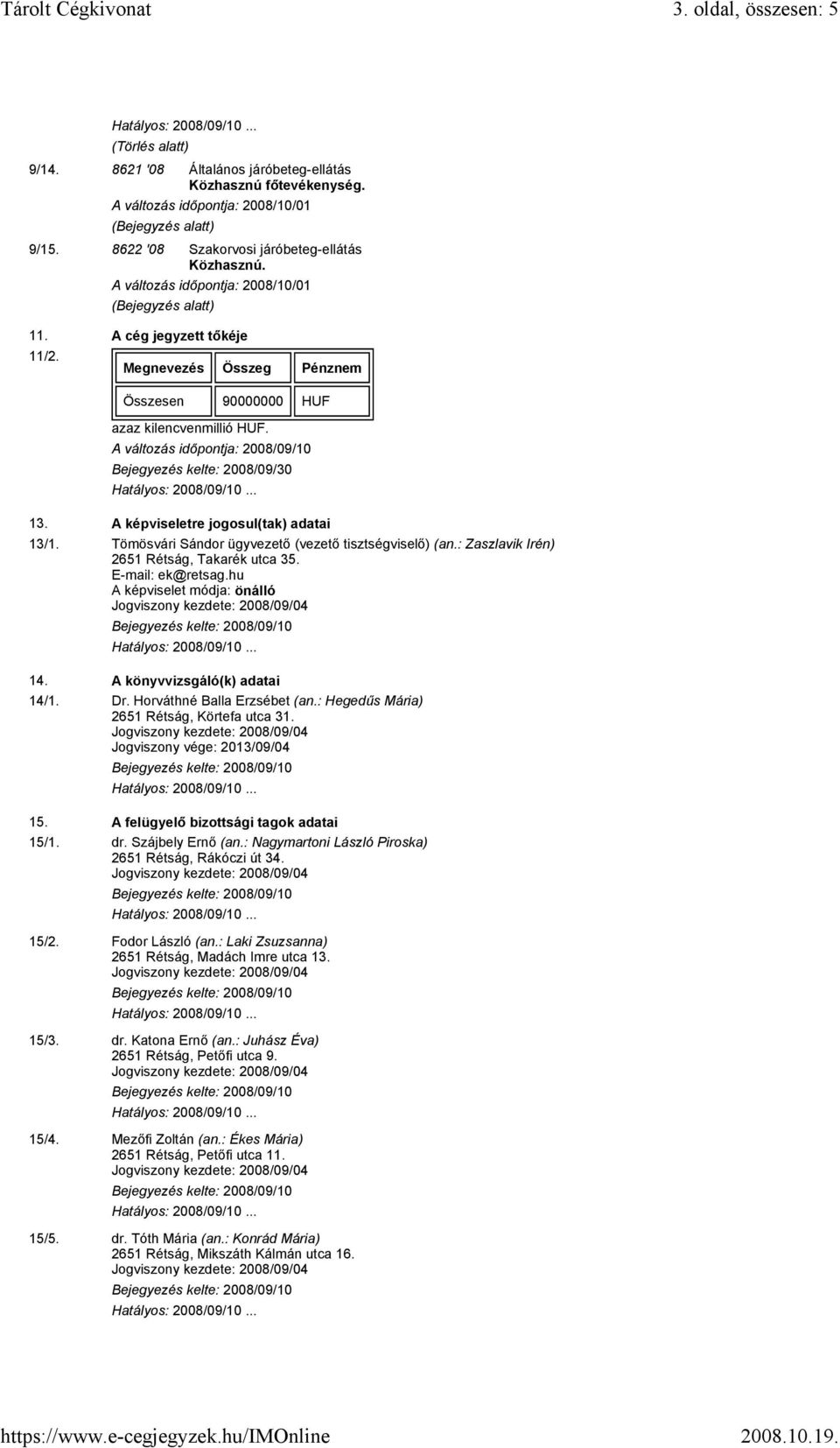 Tömösvári Sándor ügyvezető (vezető tisztségviselő) (an.: Zaszlavik Irén) 2651 Rétság, Takarék utca 35. E-mail: ek@retsag.hu A képviselet módja: önálló 14. A könyvvizsgáló(k) adatai 14/1. Dr.