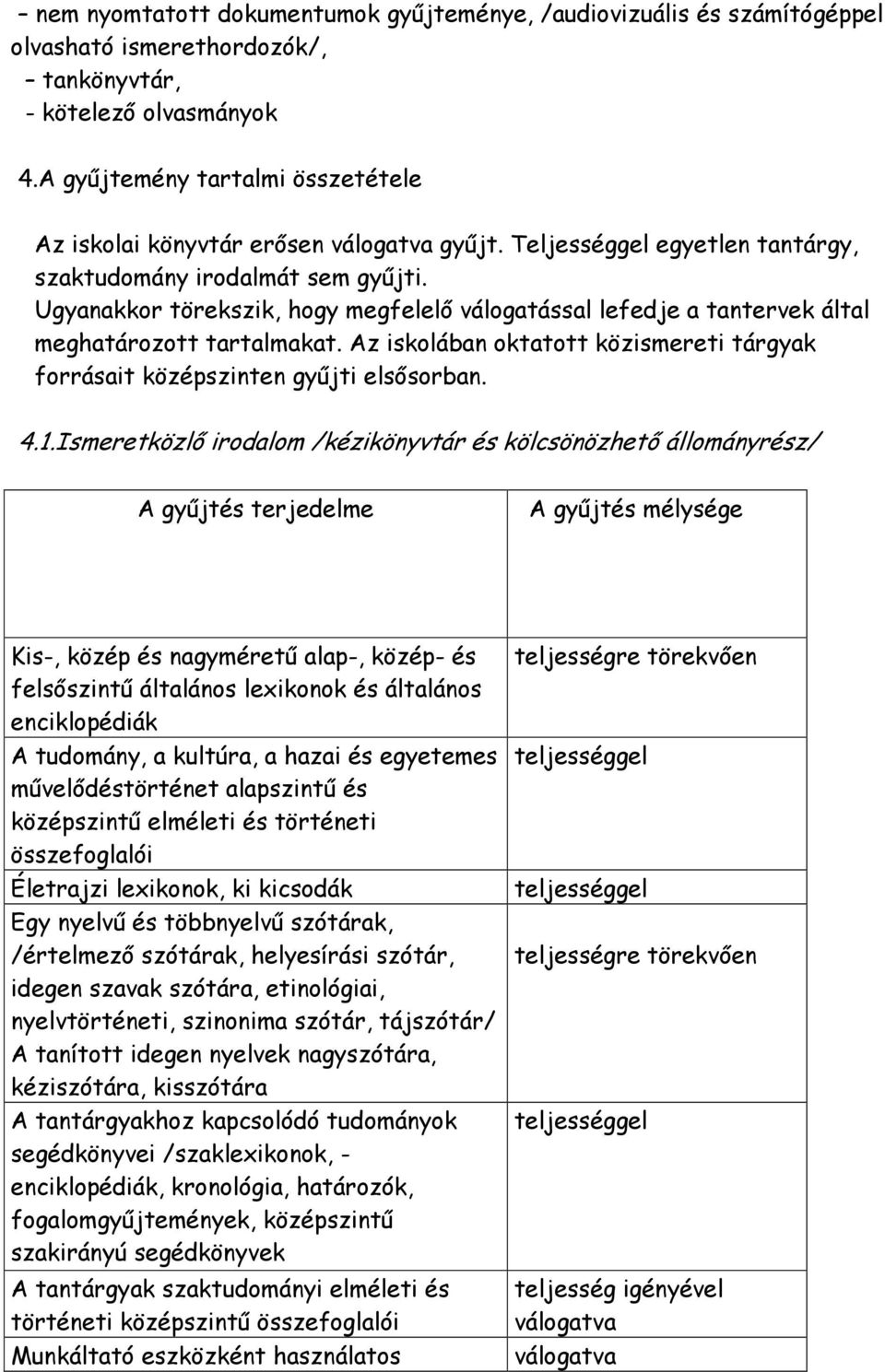 Ugyanakkor törekszik, hogy megfelelő válogatással lefedje a tantervek által meghatározott tartalmakat. Az iskolában oktatott közismereti tárgyak forrásait középszinten gyűjti elsősorban. 4.1.