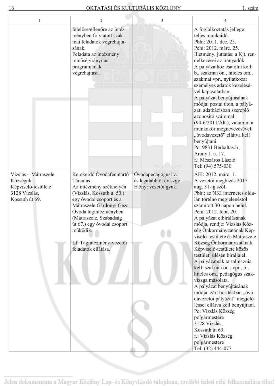 Kerekerdõ Óvodafenntartó Társulás Az intézmény székhelyén (Vizslás, Kossuth u. 50.) egy óvodai csoport és a Mátraszele Gárdonyi Géza Óvoda tagintézményben (Mátraszele, Szabadság út 67.