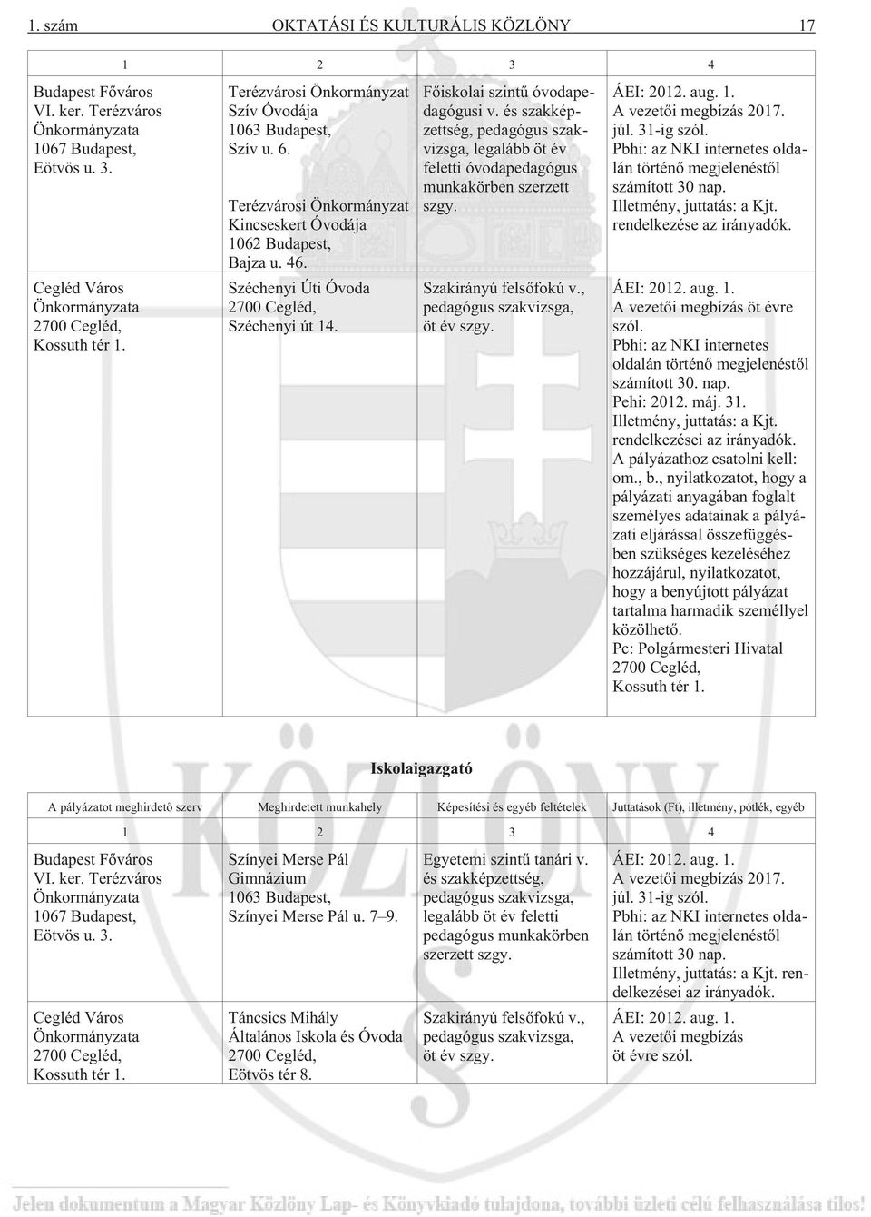 és szakképzettség, pedagógus szakvizsga, legalább öt év feletti óvodapedagógus munkakörben szerzett szgy. ÁEI: 2012. aug. 1. A vezetõi megbízás 2017. júl. 31-ig szól.