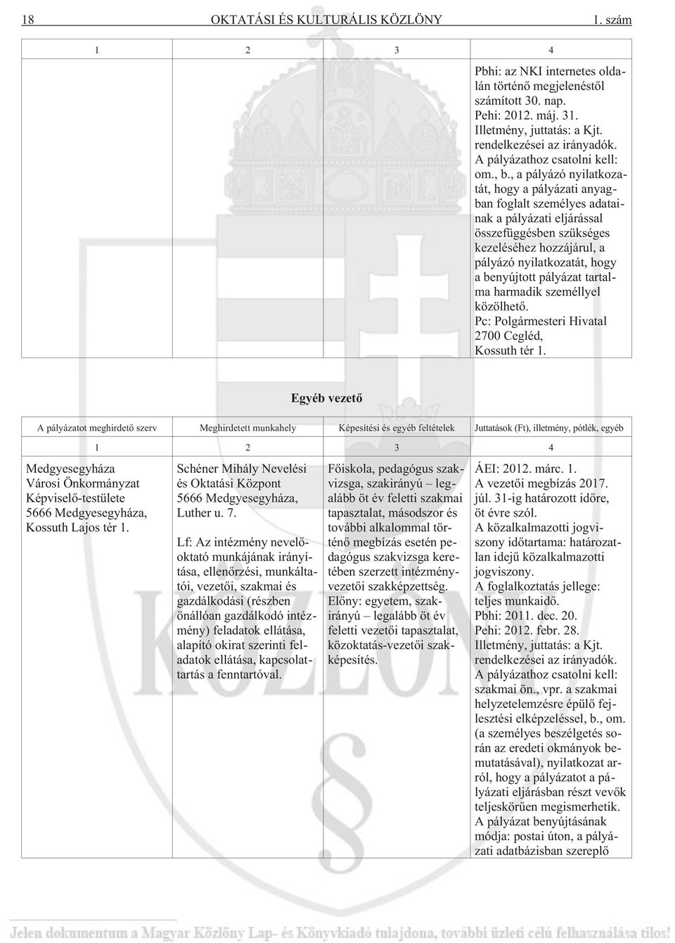 , a pályázó nyilatkozatát, hogy a pályázati anyagban foglalt személyes adatainak a pályázati eljárással összefüggésben szükséges kezeléséhez hozzájárul, a pályázó nyilatkozatát, hogy a benyújtott