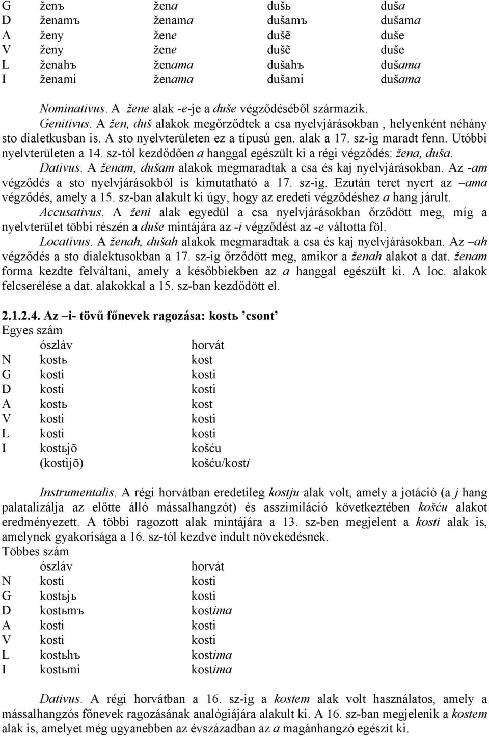 sz-ig maradt fenn. Utóbbi nyelvterületen a 14. sz-tól kezdődően a hanggal egészült ki a régi végződés: žena, duša. Dativus. A ženam, dušam alakok megmaradtak a csa és kaj nyelvjárásokban.