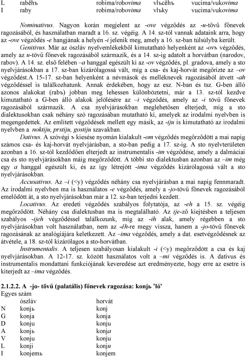 sz-tól vannak adataink arra, hogy az -ove végződés -e hangjának a helyén -i jelenik meg, amely a 16. sz-ban túlsúlyba került. Genitivus.