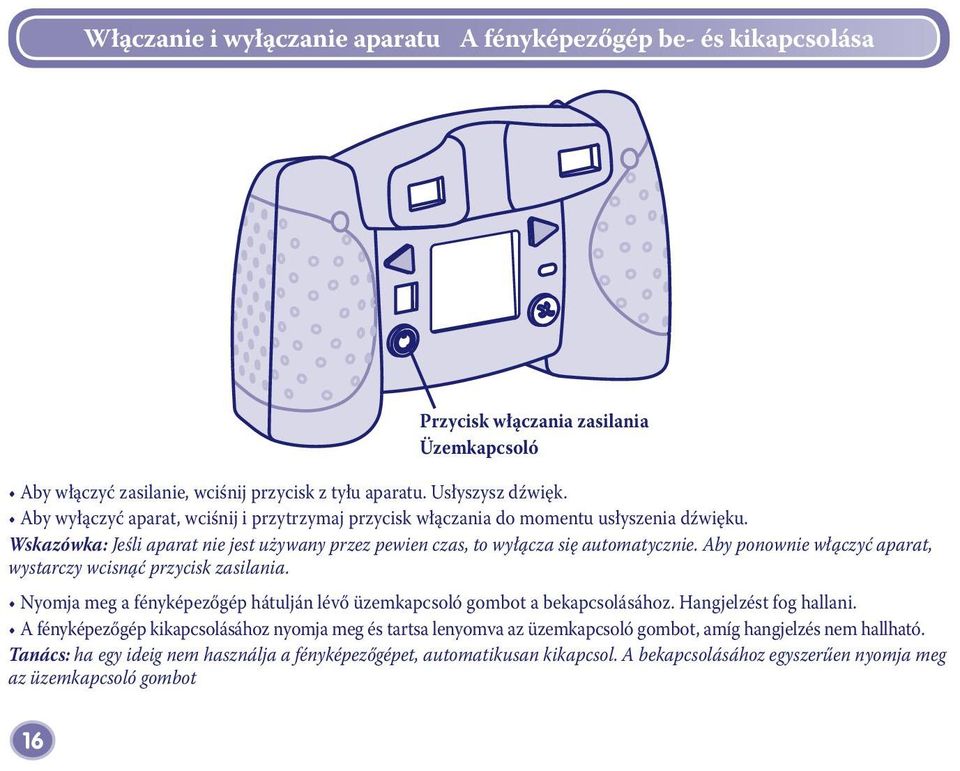 Aby ponownie włączyć aparat, wystarczy wcisnąć przycisk zasilania. Nyomja meg a fényképezőgép hátulján lévő üzemkapcsoló gombot a bekapcsolásához. Hangjelzést fog hallani.