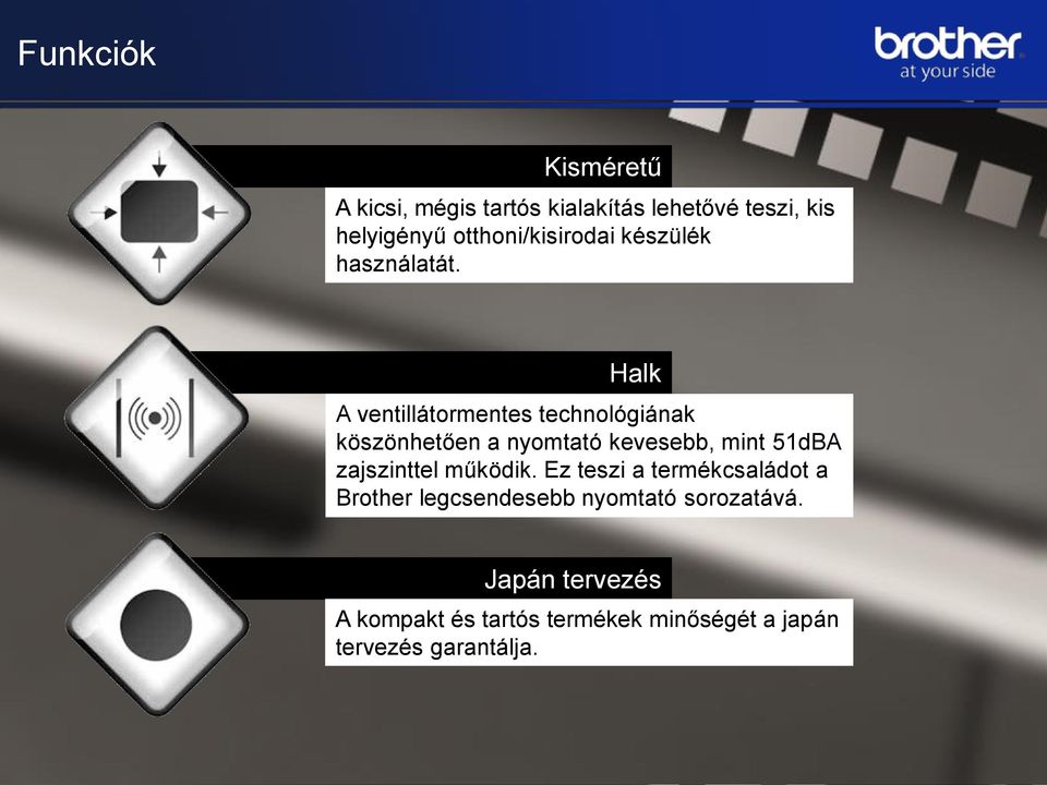 Halk A ventillátormentes technológiának köszönhetően a nyomtató kevesebb, mint 51dBA