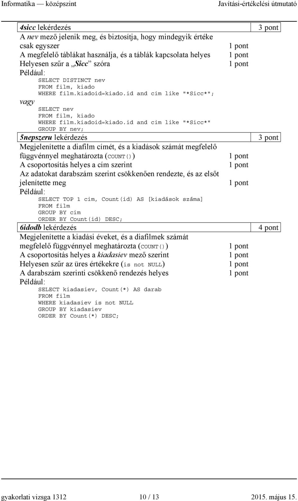 id and cim like "*Sicc*"; SELECT id and cim like "*Sicc*" GROUP BY nev; 5nepszeru lekérdezés Megjelenítette a diafilm címét, és a kiadások számát megfelelő függvénnyel meghatározta (COUNT()) A