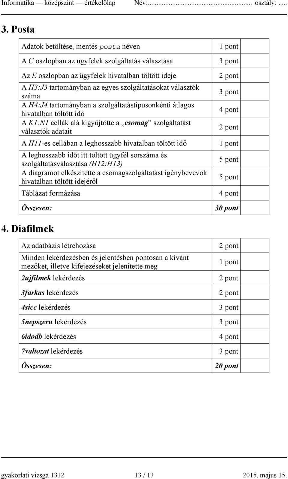 választók száma A H4:J4 tartományban a szolgáltatástípusonkénti átlagos hivatalban töltött idő A K1:N1 cellák alá kigyűjtötte a csomag szolgáltatást választók adatait A H11-es cellában a leghosszabb