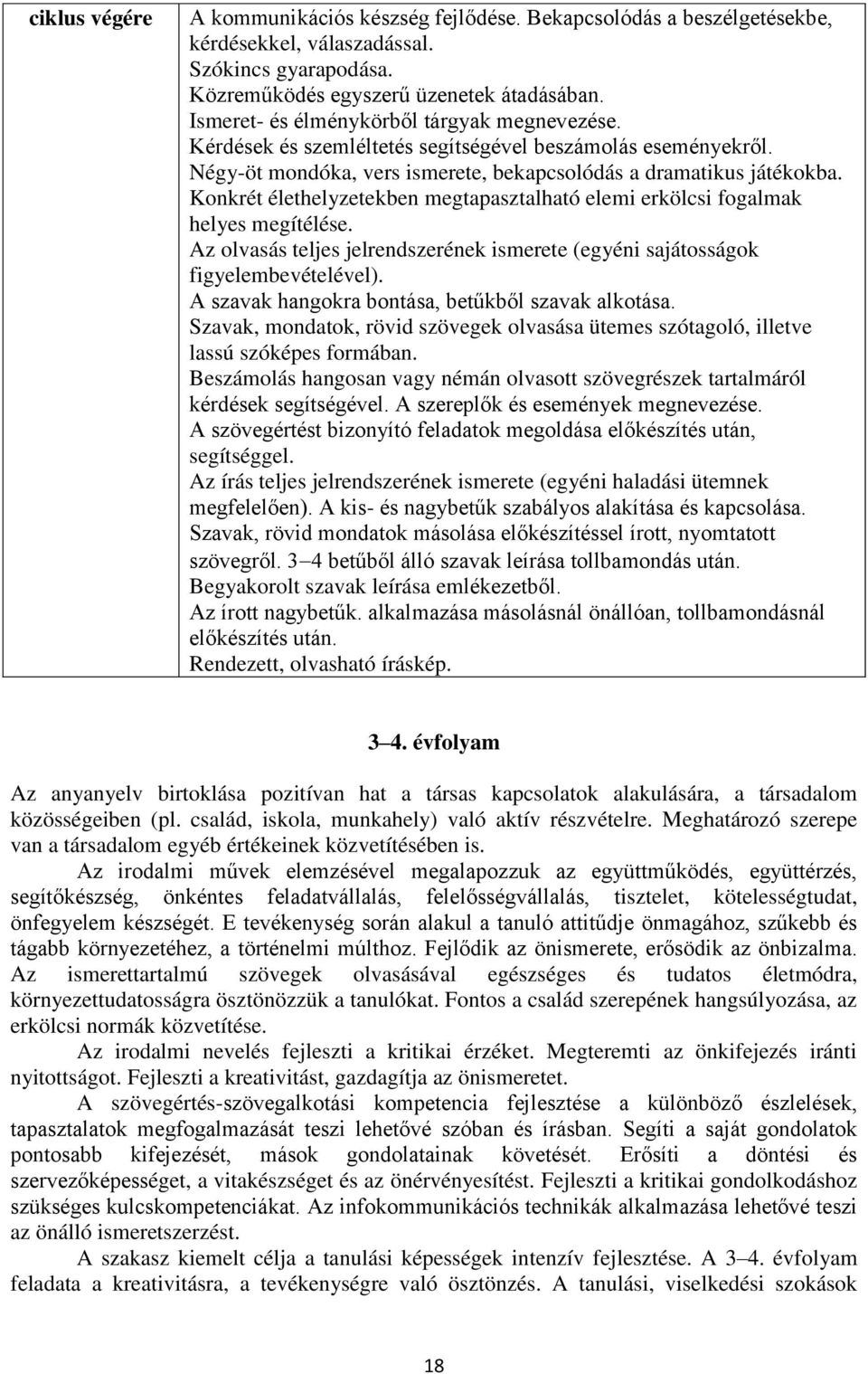 Konkrét élethelyzetekben megtapasztalható elemi erkölcsi helyes megítélése. Az olvasás teljes jelrendszerének ismerete (egyéni sajátosságok figyelembevételével).