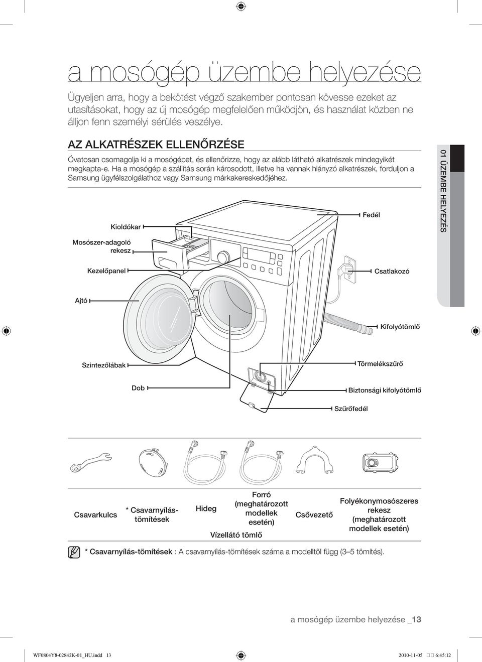 Ha a mosógép a szállítás során károsodott, illetve ha vannak hiányzó alkatrészek, forduljon a Samsung ügyfélszolgálathoz vagy Samsung márkakereskedőjéhez.