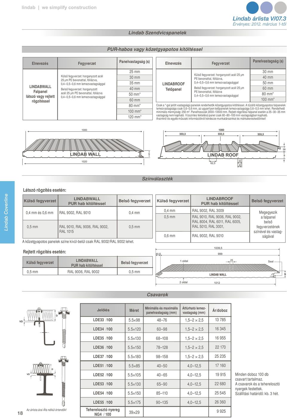 mm 30 mm 35 mm 40 mm 50 mm* 60 mm 80 mm* 100 mm* 120 mm* LINDABROOF Tetôpanel Külsô fegyverzet: horganyzott acél 25 µm PE bevonattal, fóliázva, 0,4 0,5 0,6 mm lemezvastagsággal Belsô fegyverzet: