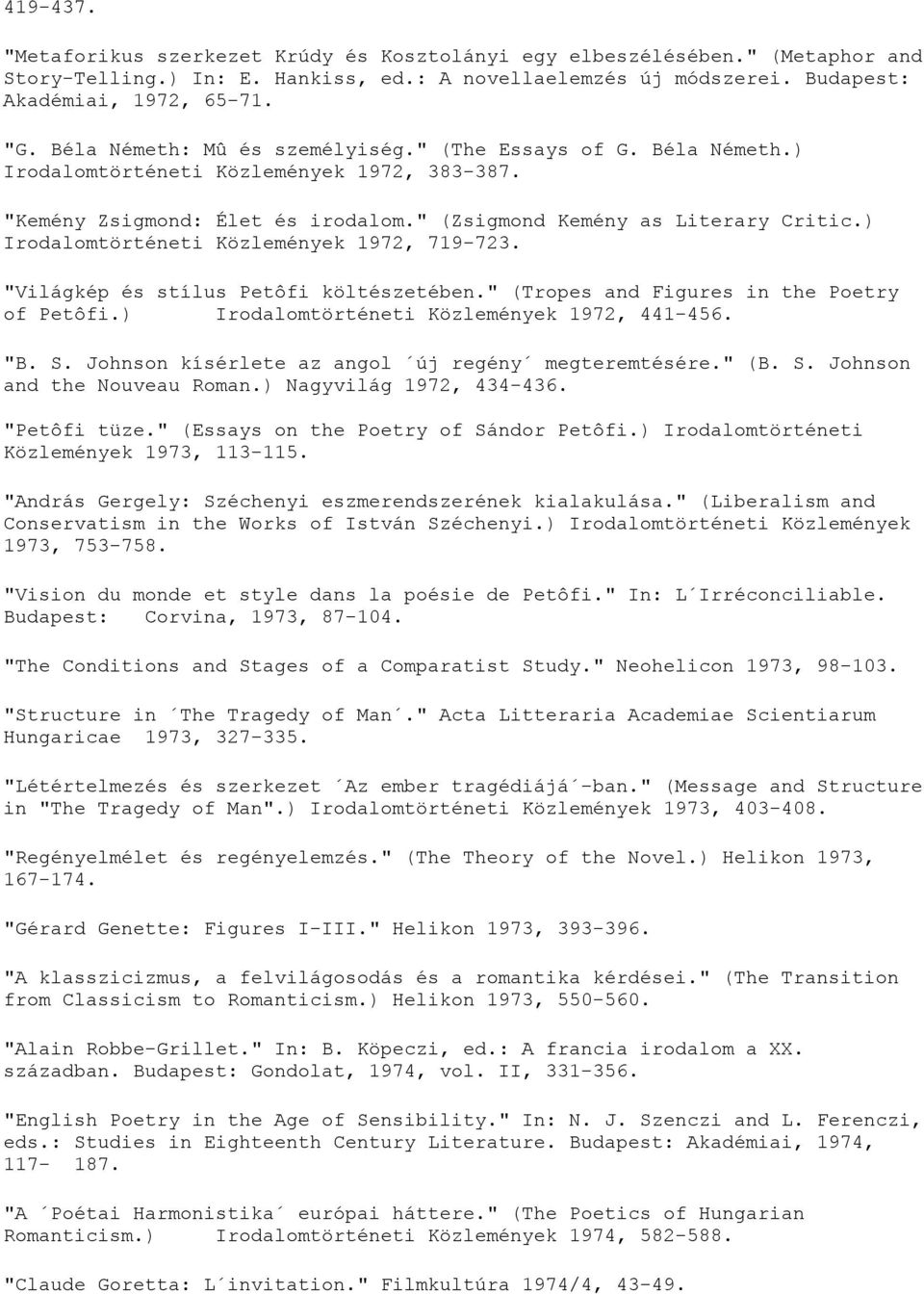 ) Irodalomtörténeti Közlemények 1972, 719-723. "Világkép és stílus Petôfi költészetében." (Tropes and Figures in the Poetry of Petôfi.) Irodalomtörténeti Közlemények 1972, 441-456. "B. S.