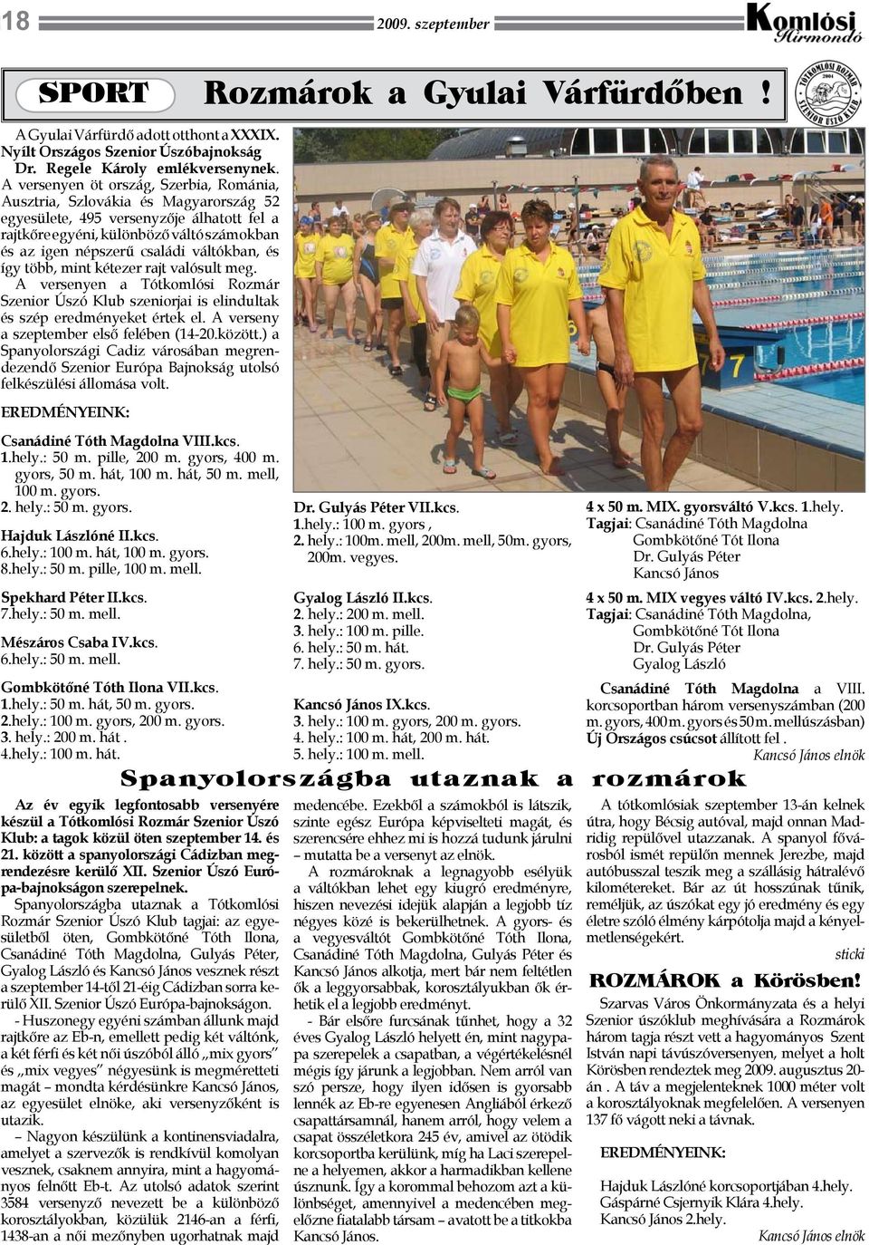 váltókban, és így több, mint kétezer rajt valósult meg. A versenyen a Tótkomlósi Rozmár Szenior Úszó Klub szeniorjai is elindultak és szép eredményeket értek el.