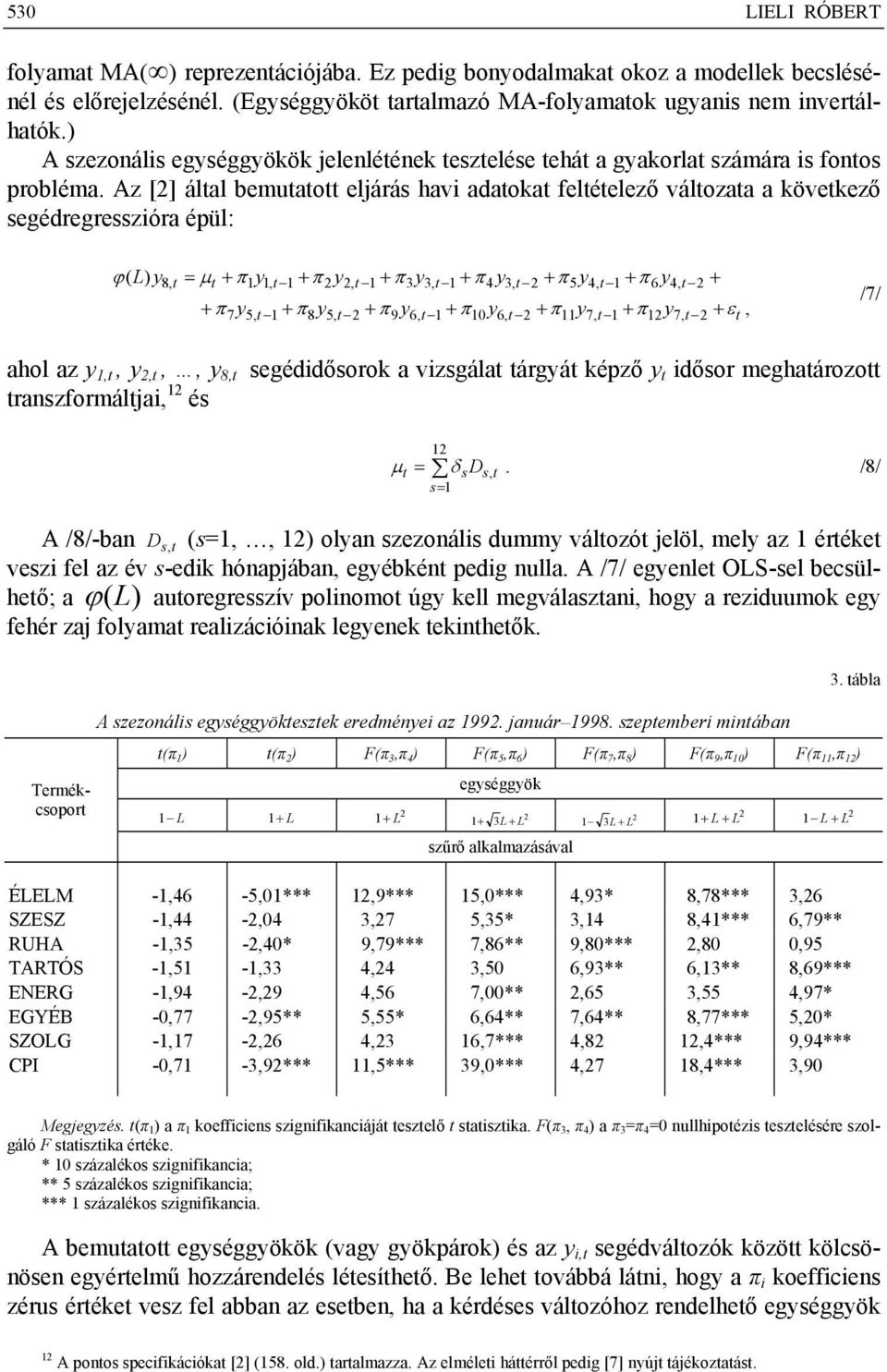 Az [] által bemutatott eljárás havi adatokat feltételező változata a következő segédregresszióra épül: ϕ( L) y 8, t = μ + π y t + π y 1 1, t 1 7 5, t 1 + π y + π y, t 1 8 5, t + π y + π y 3 3, t 1 9
