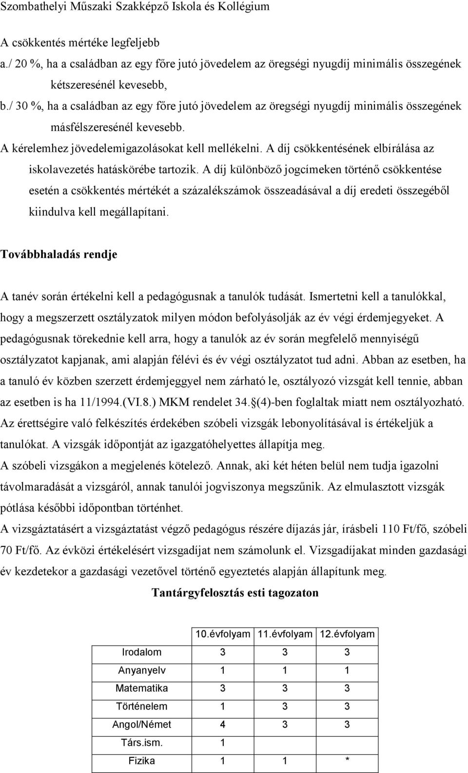 A díj csökkentésének elbírálása az iskolavezetés hatáskörébe tartozik.