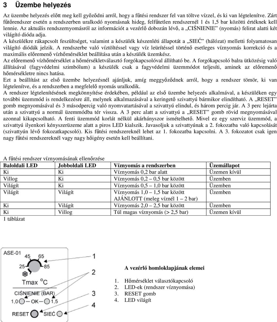 Az aktuális rendszernyomásról az információt a vezérlı dobozán lévı, a CIŚNIENIE (nyomás) felirat alatti két világító dióda adja.