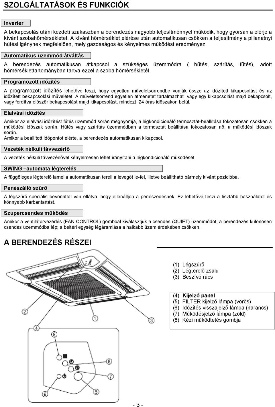 Automatikus üzemmód átváltás A berendezés automatikusan átkapcsol a szükséges üzemmódra ( hűtés, szárítás, fűtés), adott hőmérséklettartományban tartva ezzel a szoba hőmérsékletét.