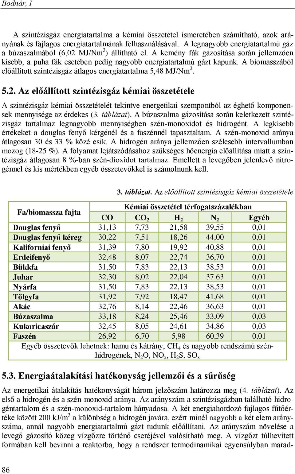 A biomasszából előállított szintézisgáz átlagos energiatartalma 5,48 MJ/Nm 3. 5.2.