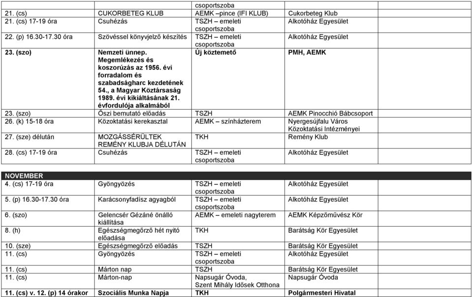 (szo) Őszi bemutató előadás TSZH AEMK Pinocchió Bábcsoport 26. (k) 15-18 óra Közoktatási kerekasztal AEMK színházterem Nyergesújfalu Város Közoktatási Intézményei 27. (sze) délután MOZGÁSSÉRÜLTEK 28.