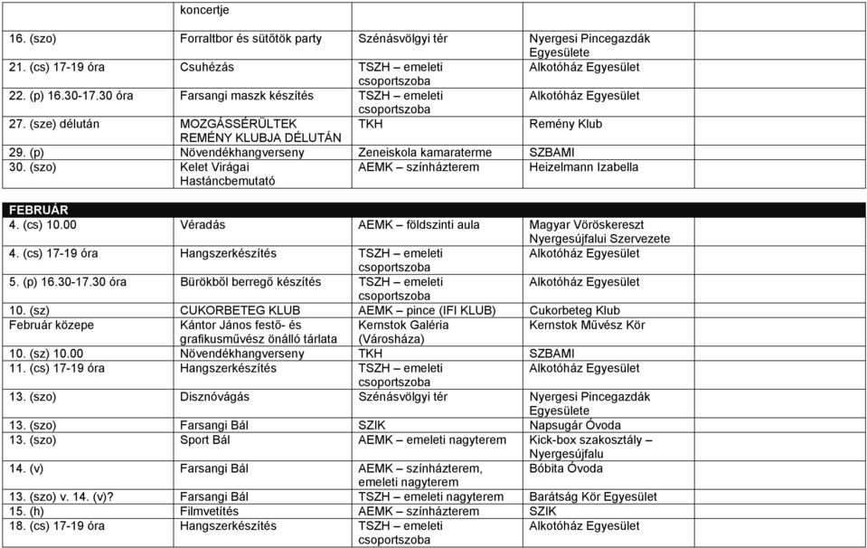 (szo) Kelet Virágai Hastáncbemutató AEMK színházterem Heizelmann Izabella FEBRUÁR 4. (cs) 10.00 Véradás AEMK földszinti aula Magyar Vöröskereszt Nyergesújfalui Szervezete 4.