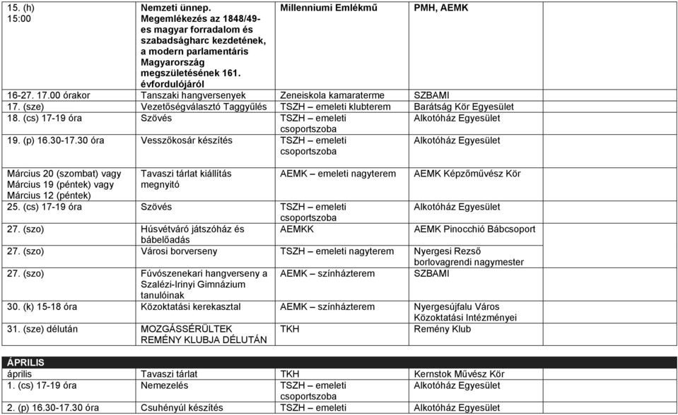 (sze) Vezetőségválasztó Taggyűlés TSZH emeleti klubterem Barátság Kör Egyesület 18. (cs) 17-19 óra Szövés TSZH emeleti 19. (p) 16.30-17.