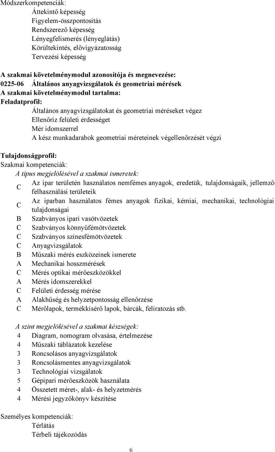 Ellenőriz felületi érdességet Mér idomszerrel A kész munkadarabok geometriai méreteinek végellenőrzését végzi Tulajdonságprofil: Szakmai kompetenciák: A típus megjelölésével a szakmai ismeretek: Az