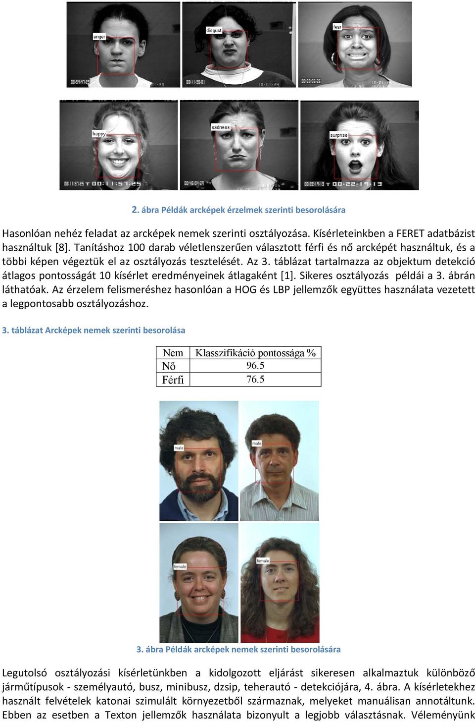 táblázat tartalmazza az objektum detekció átlagos pontosságát 10 kísérlet eredményeinek átlagaként [1]. Sikeres osztályozás példái a 3. ábrán láthatóak.