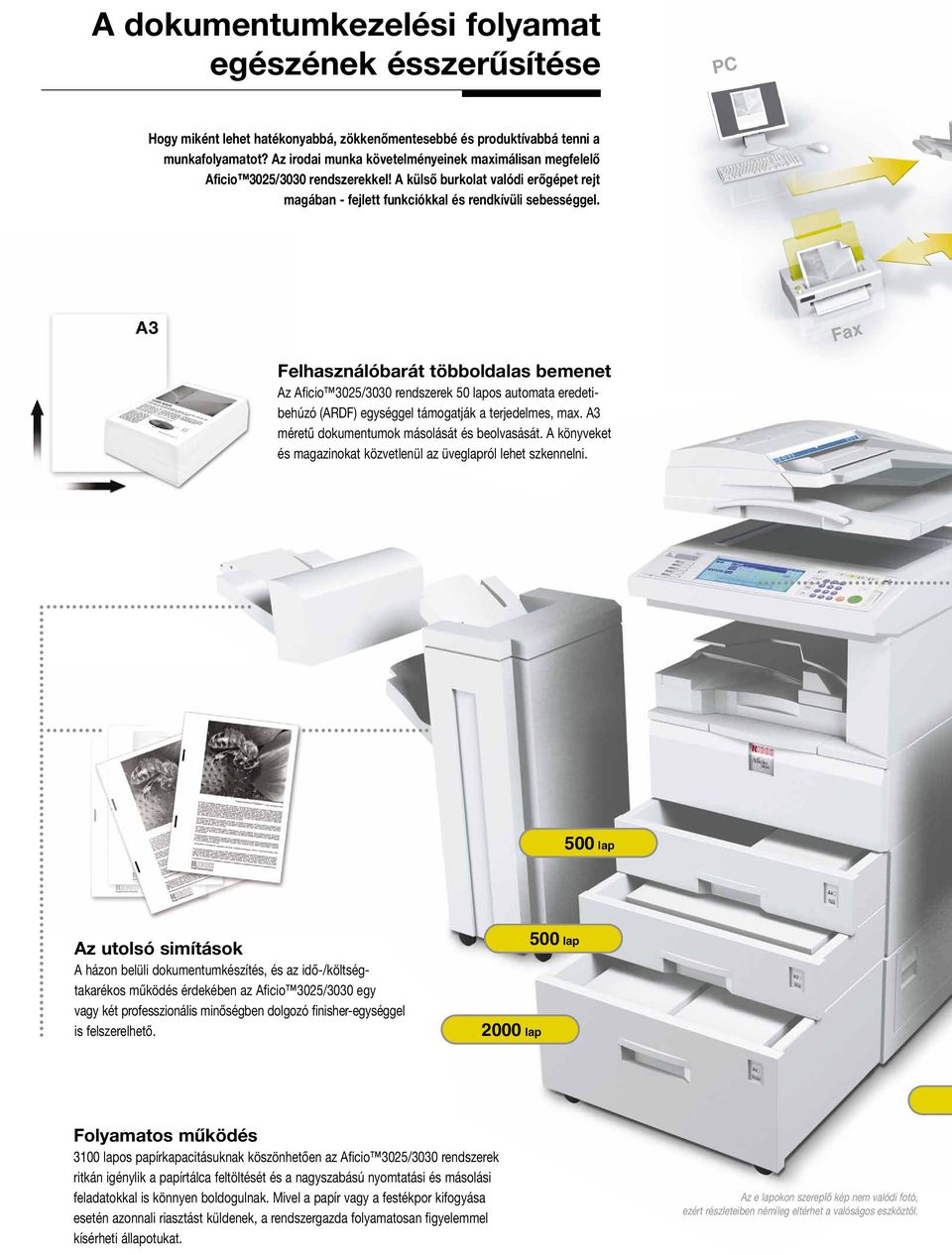 Fax Felhasználóbarát többoldalas bemenet Az Aficio 3025/3030 rendszerek 50 lapos automata eredetibehúzó (ARDF) egységgel támogatják a terjedelmes, max. A3 méretű dokumentumok másolását és beolvasását.