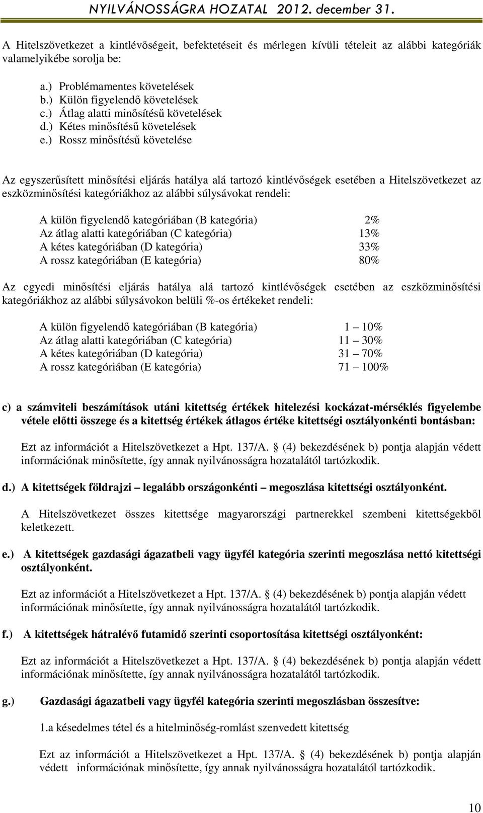 ) Rossz minősítésű követelése Az egyszerűsített minősítési eljárás hatálya alá tartozó kintlévőségek esetében a Hitelszövetkezet az eszközminősítési kategóriákhoz az alábbi súlysávokat rendeli: A