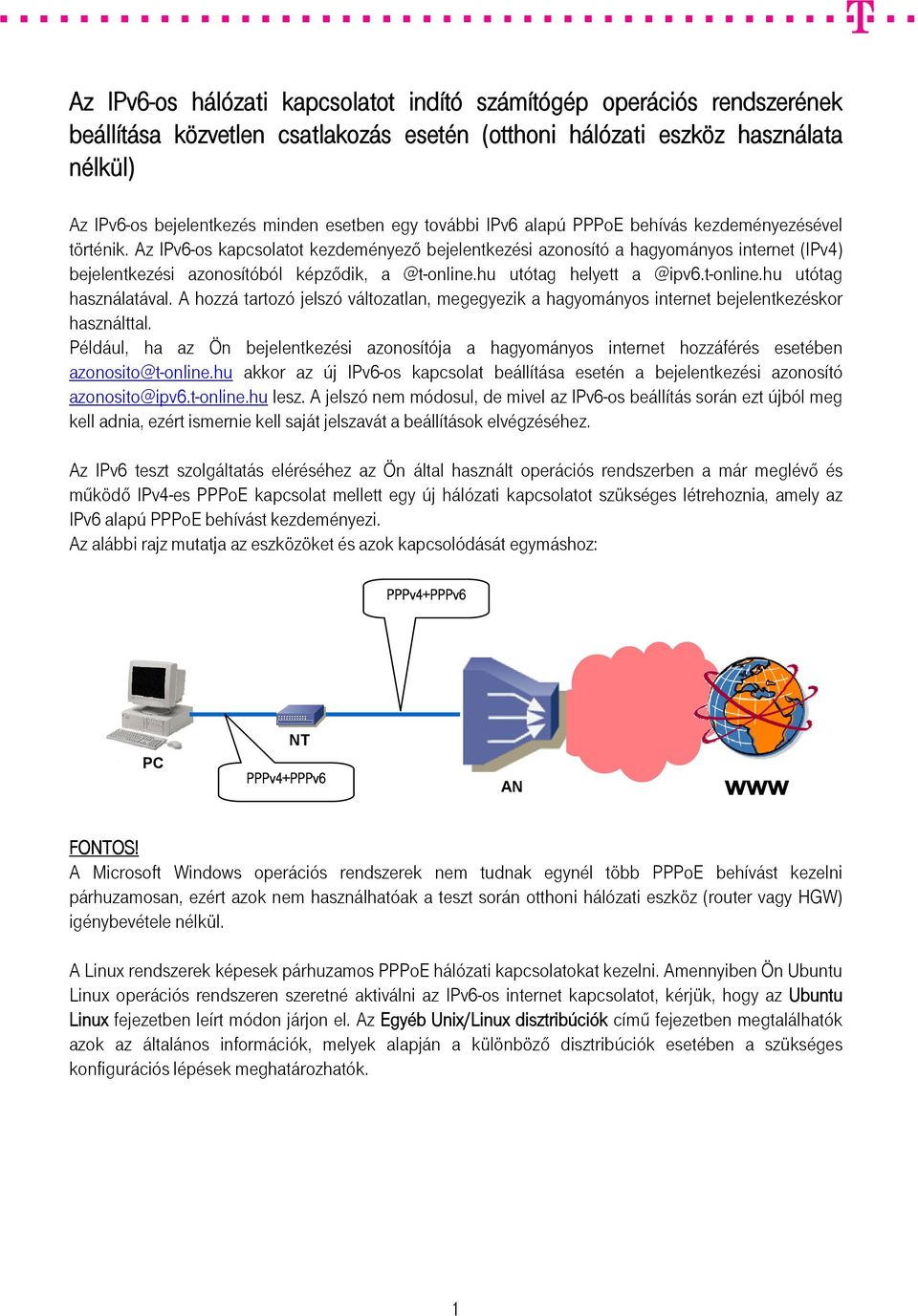 Az IPv6-os kapcsolatot kezdeményező bejelentkezési azonosító a hagyományos internet (IPv4) bejelentkezési azonosítóból képződik, a @t-online.hu utótag helyett a @ipv6.t-online.hu utótag használatával.
