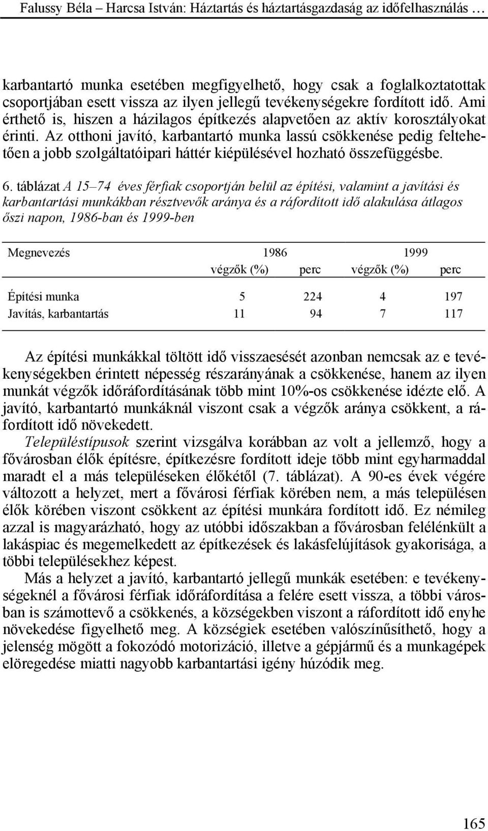 Az otthoni javító, karbantartó munka lassú csökkenése pedig feltehetően a jobb szolgáltatóipari háttér kiépülésével hozható összefüggésbe. 6.