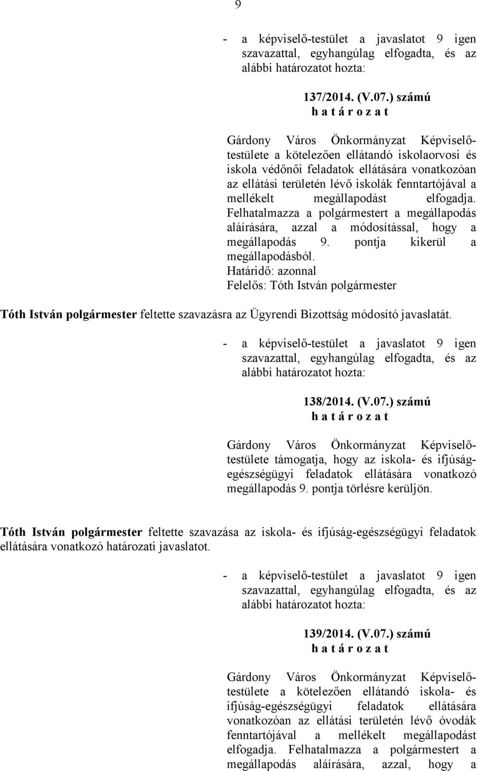 Határidı: azonnal Felelıs: feltette szavazásra az Ügyrendi Bizottság módosító javaslatát. 138/2014. (V.07.